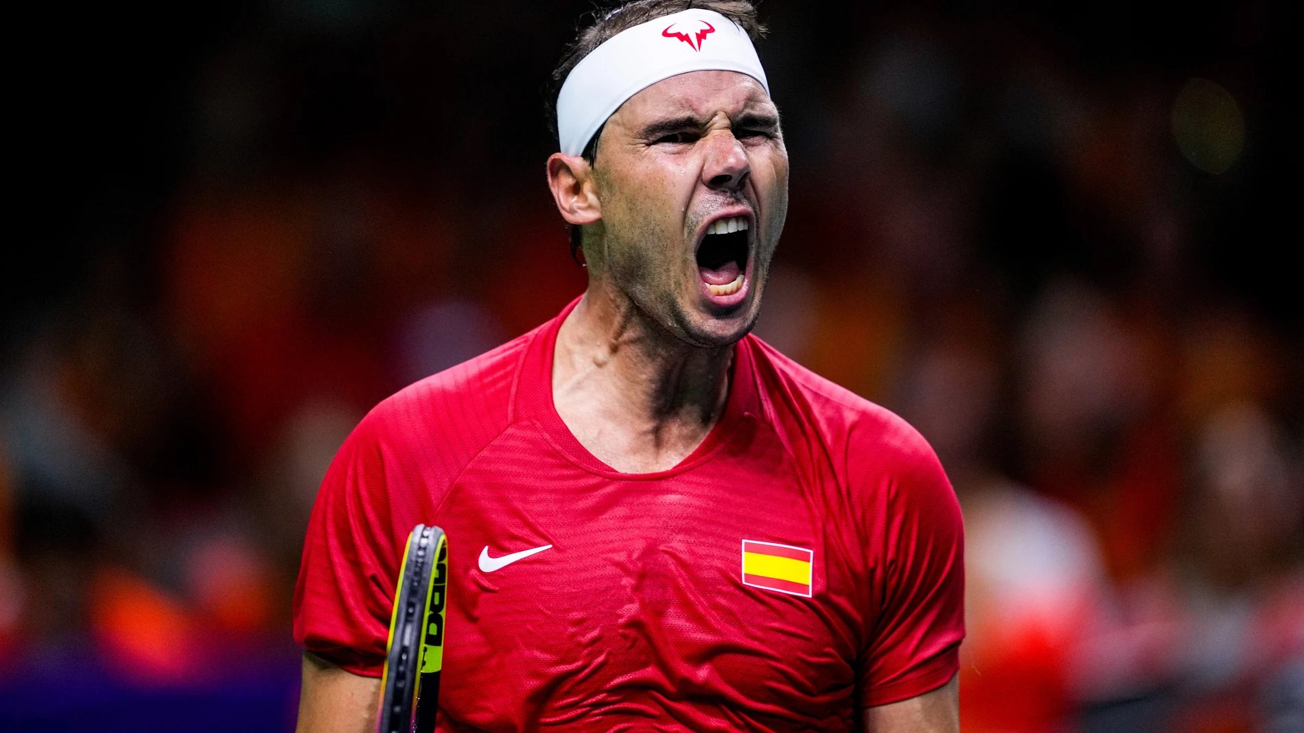 Rafael Nadal of Spain celebrates a point against Botic van de Zandschulp of Netherland during the Davis Cup 2024 tennis match played between Spain and Netherlands at Martin Carpena Pavilion on November 19, 2024, in Malaga, Spain AFP7 19/11/2024 ONLY FOR USE IN SPAIN