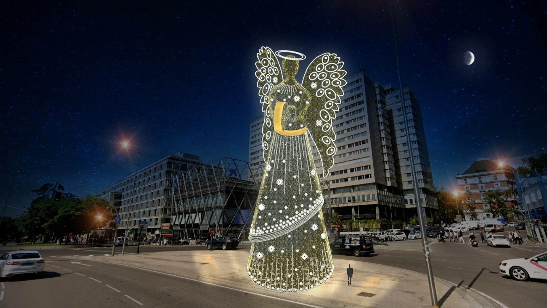 El Ángel de Madrid navideño en la plaza de Colón REMITIDA / HANDOUT por AYUNTAMIENTO DE MADRID Fotografía remitida a medios de comunicación exclusivamente para ilustrar la noticia a la que hace referencia la imagen, y citando la procedencia de la imagen en la firma 19/11/2024