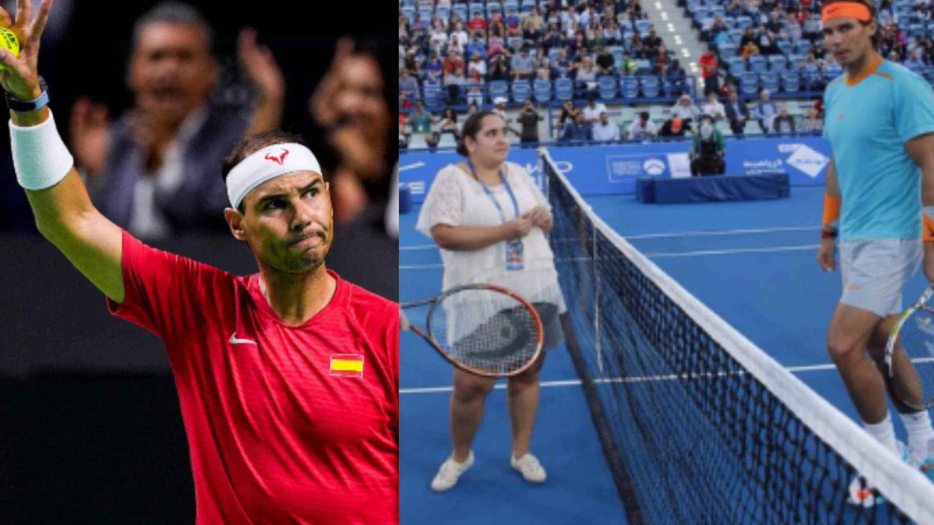 Nadal junto a una imagen en la que aparece con la periodista egipcia Reem Abulleil