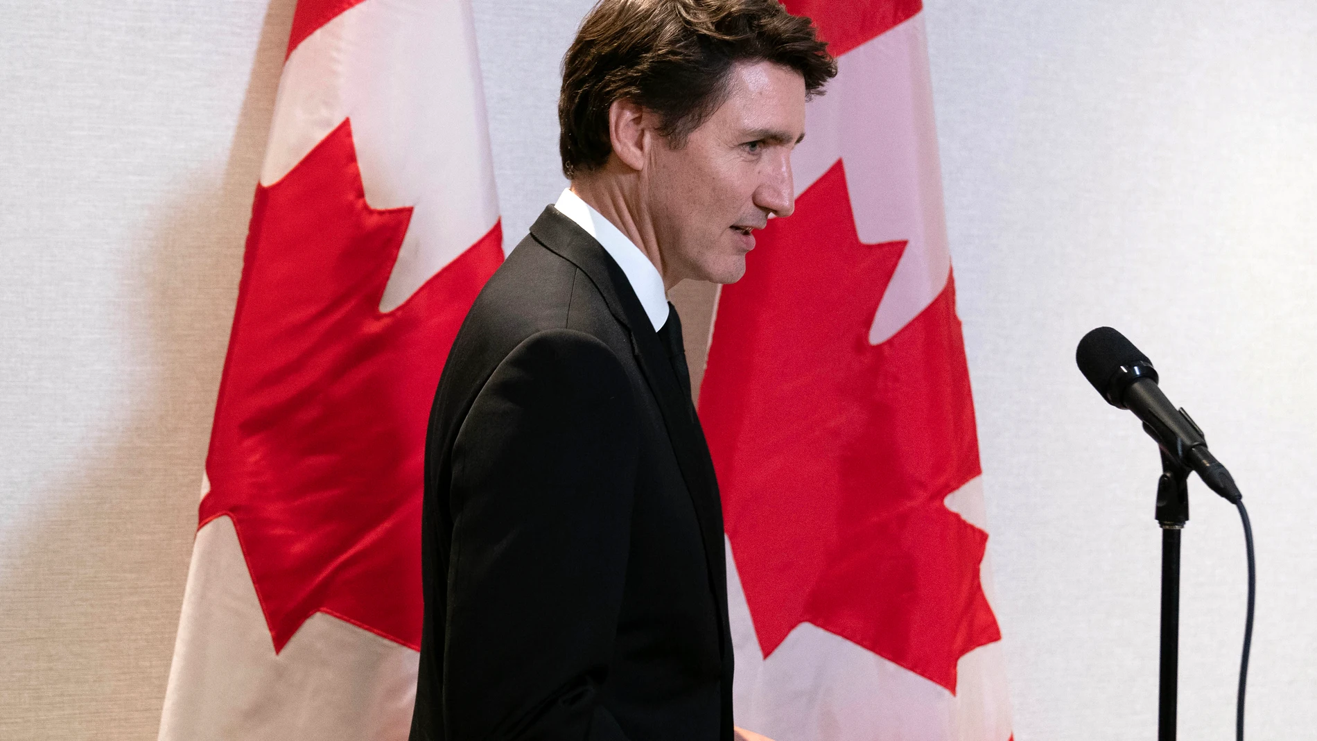 Canada's Prime Minister Justin Trudeau arrives to speak to the media after a meeting with the President and CEO of The National Association of Manufacturers Jay Timmons in Washington, Thursday, Jan. 9, 2025. (AP Photo/Jose Luis Magana)