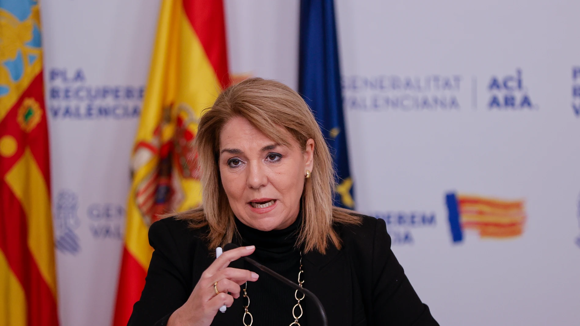 GRAFCVA4693. VALENCIA, 14/01/2025.- La vicepresidenta primera y portavoz del Consell, Susana Camarero, durante la rueda de prensa posterior al pleno del Gobierno valenciano que tiene previsto aprobar un paquete de ayudas de 250 millones para aquellas personas que hayan perdido sus vehículos como consecuencia de la dana y que recibirán 2.000 euros por turismo a fondo perdido y sin computar a efectos de fiscalidad. EFE/Manuel Bruque
