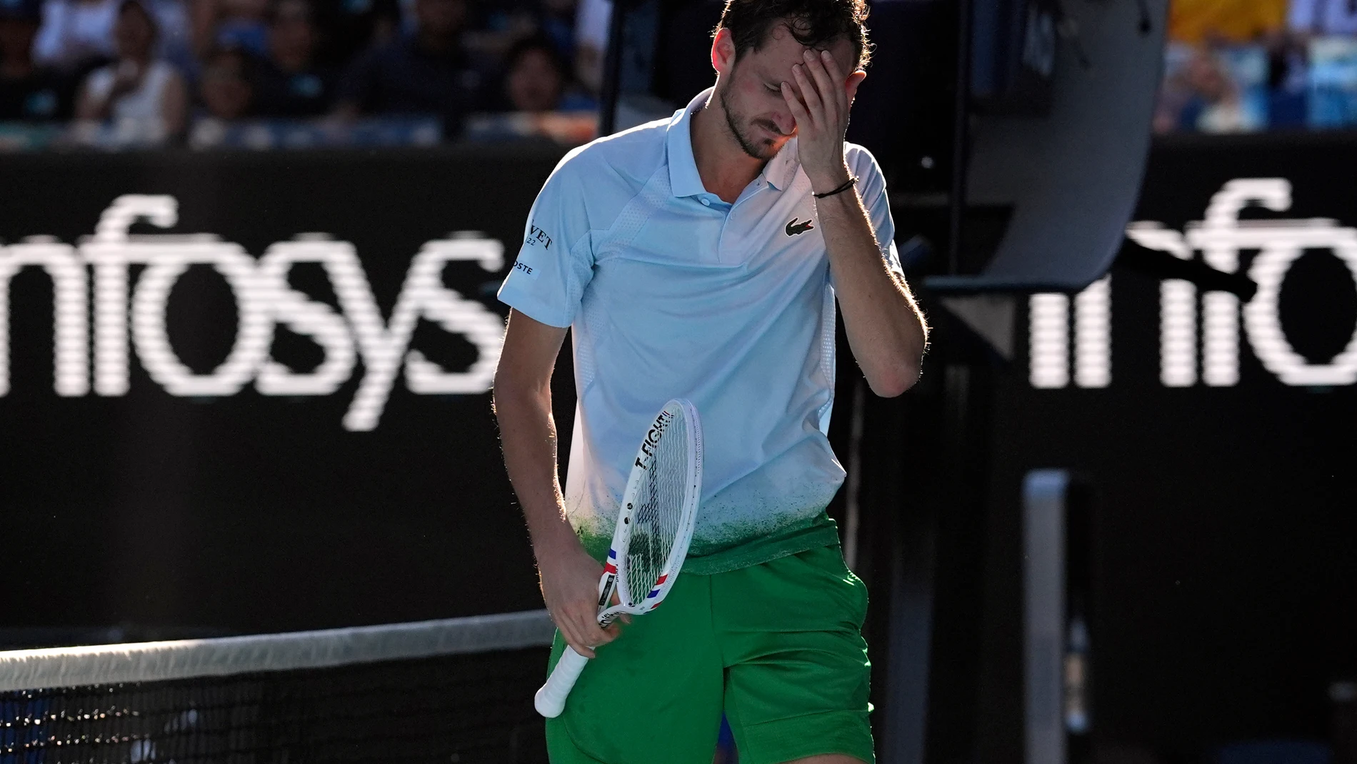 Daniil Medvedev of Russia reacts during his first round match against Kasidit Samrej of Thailand at the Australian Open tennis championship in Melbourne, Australia, Tuesday, Jan. 14, 2025. (AP Photo/Ng Han Guan)