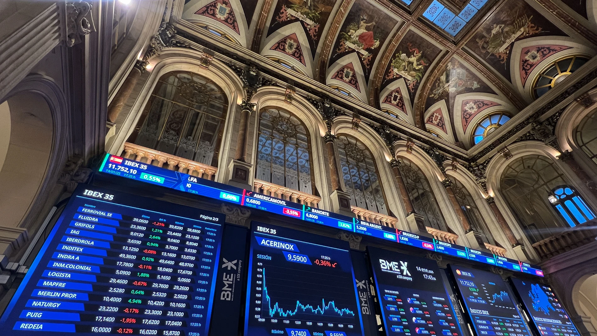 MADRID, 14/01/2025.- La Bolsa española subió este martes el 0,55 % y recuperó el nivel de 11.700 puntos por el avance de los bancos, y a pesar de las dudas de Wall Street. En concreto, el principal indicador del mercado nacional, el IBEX 35, ganó 63,9 puntos, hasta 11.752,1. Entre los grandes valores, destacó la subida del 2,14 % de Banco Santander, en tanto que el banco BBVA ganó el 0,98 %; el gigante textil Inditex, el 0,92 %; y Telefónica, el 0,2 %. EFE/ Altea Tejido Sánchez