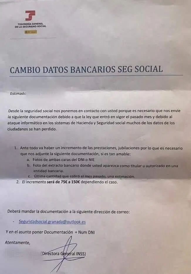 Economía/Laboral.- La Seguridad Social advierte de un intento de estafa en la que se pide por carta el envío del DNI