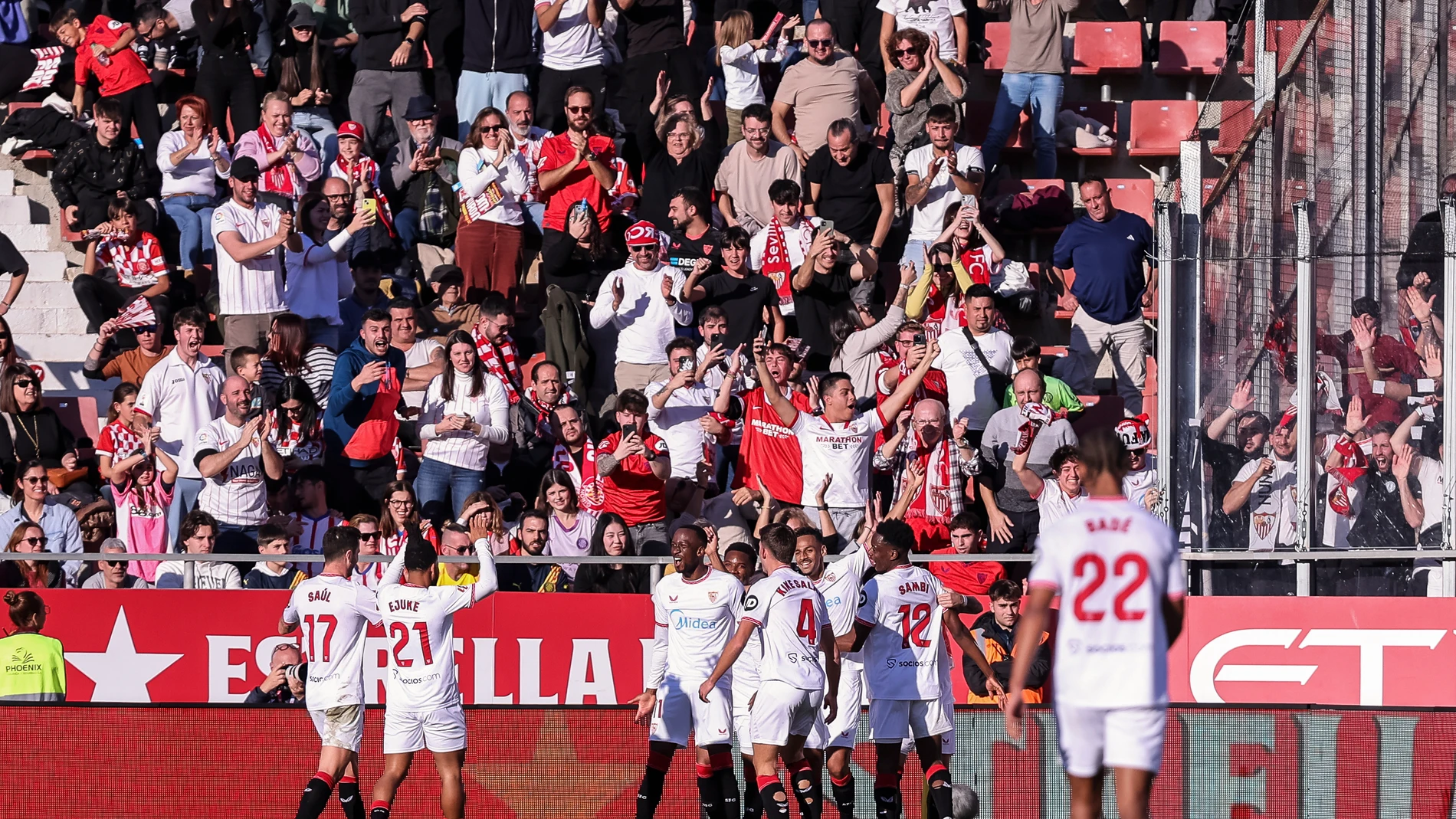 Dodi Lukebakio of Sevilla FC celebrates a goal with his teammates during the Spanish league, La Liga EA Sports, football match played between Girona FC and Sevilla FC at Estadio de Montilivi on January 18, 2025 in Girona, Spain. AFP7 18/01/2025 ONLY FOR USE IN SPAIN