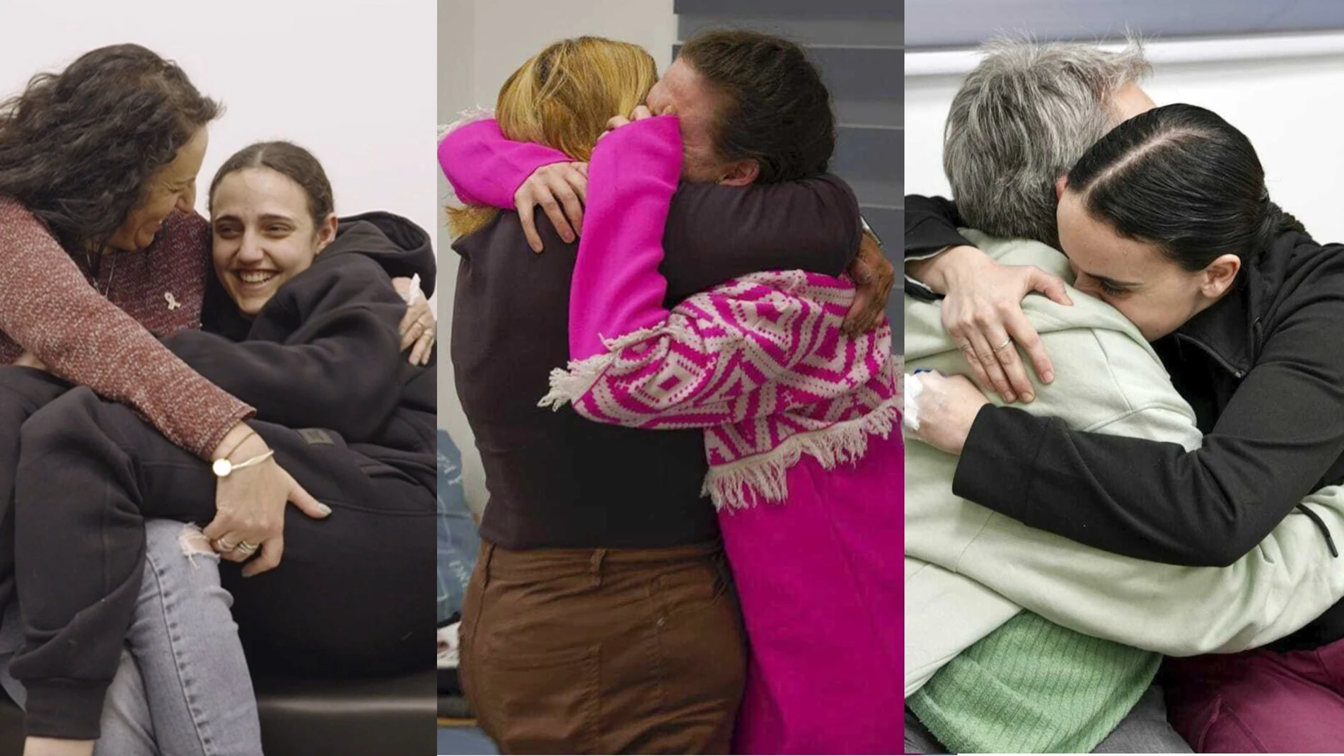 De izquierda a derecha, Romi Gonen, Doron Steinbrecher y Emily Damari, saludan a sus familias tras ser liberadas
