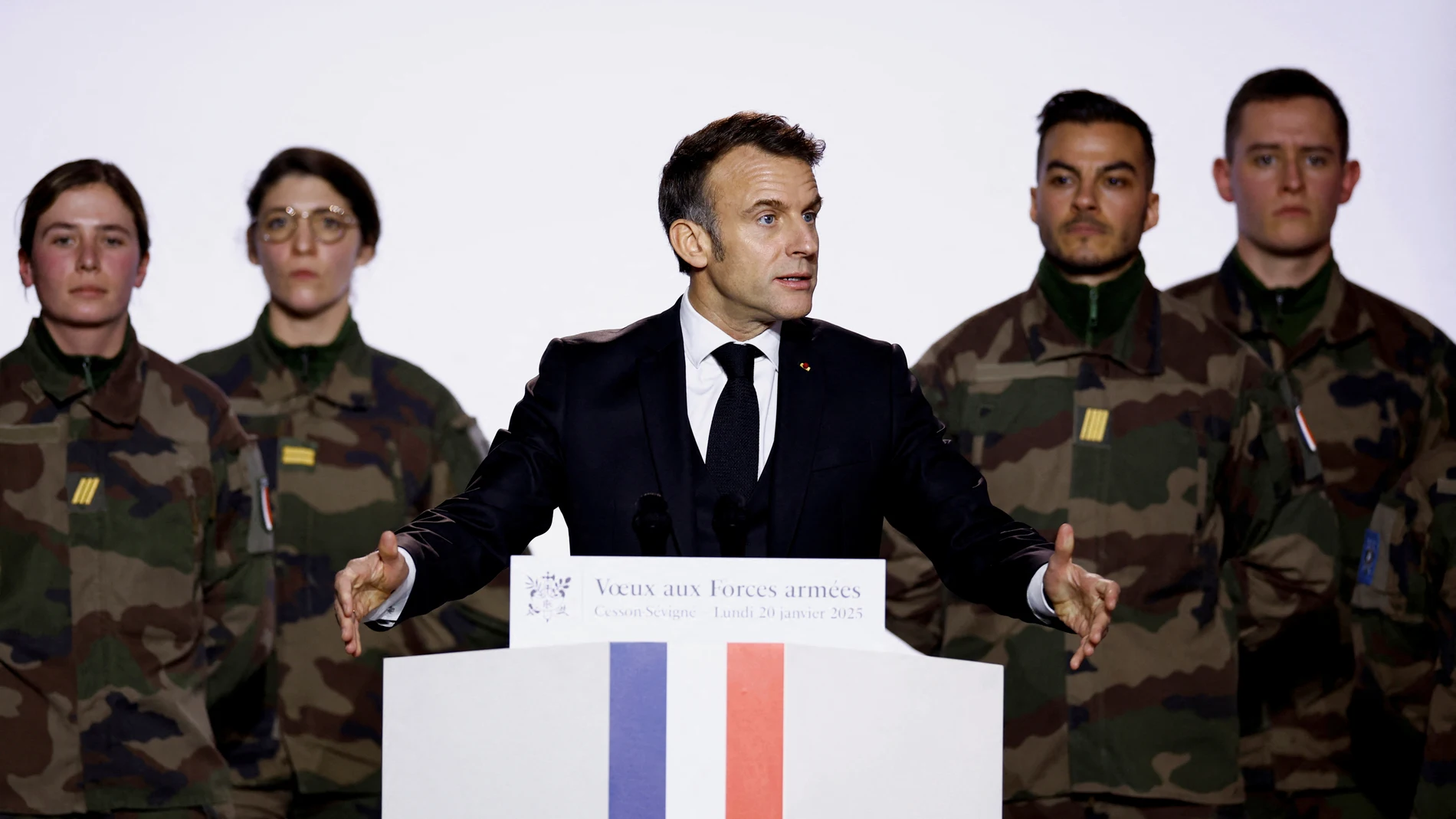 French President Emmanuel Macron delivers his New Year speech to the French Army as he visits at the Digital Support and Cyber Command (CATNC) of the French Army, in Cesson-Sevigne, western France, Monday, Jan. 20, 2025. (Stephane Mahe/Pool via AP)