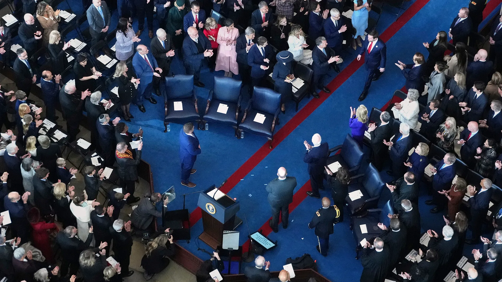 Vice President-elect former Sen. J.D. Vance, R-Ohio, arrives during the 60th Presidential Inauguration in the Rotunda of the U.S. Capitol in Washington, Monday, Jan. 20, 2025. (Andrew Harnik/Pool Photo via AP)