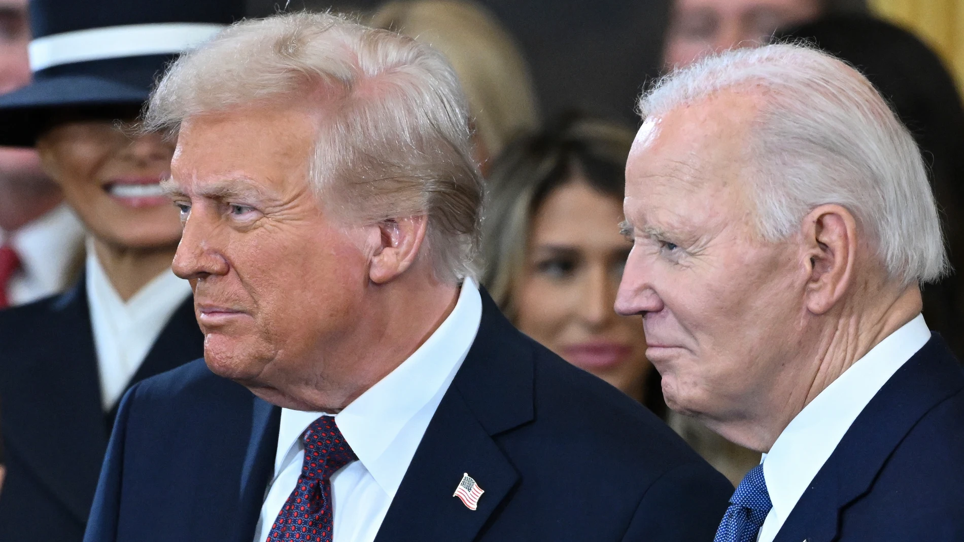 President Joe Biden and President-elect Donald Trump stand together before the start of the 60th Presidential Inauguration in the Rotunda of the U.S. Capitol in Washington, Monday, Jan. 20, 2025. (Saul Loeb/Pool photo via AP)