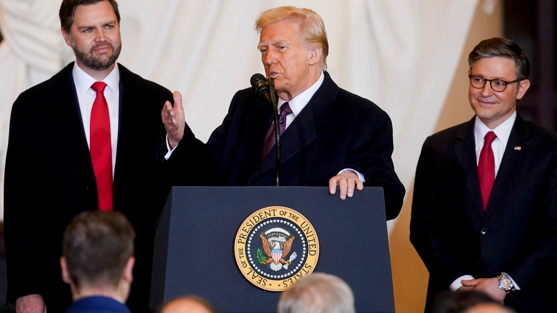 President Donald Trump speaks in Emancipation Hall after the 60th Presidential Inauguration, Monday, Jan. 20, 2025, at the U.S. Capitol in Washington. (Al Drago/Pool Photo via AP)