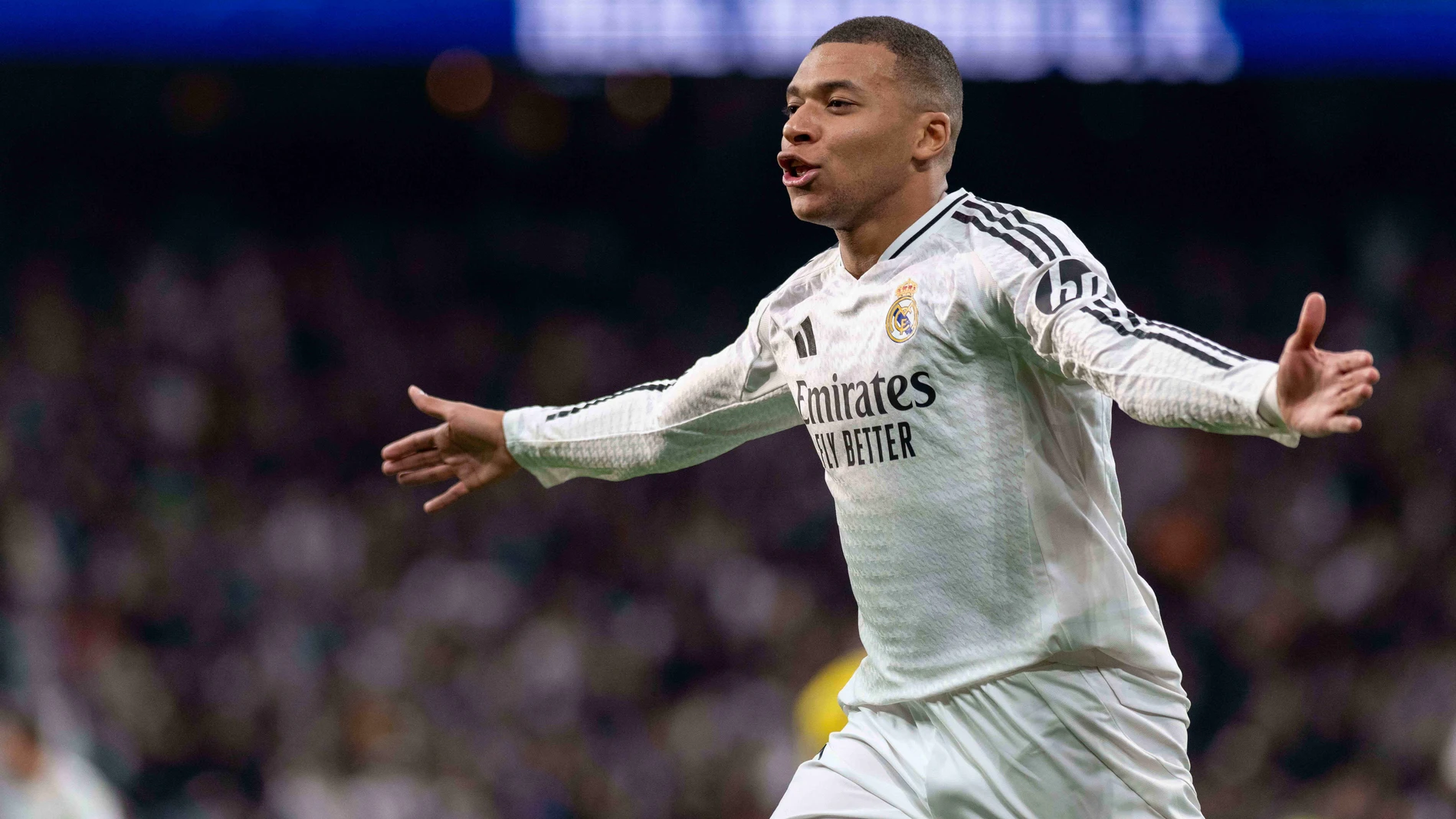 19 January 2025, Spain, Madrid: Real Madrid's Kylian Mbappe celebrates scoring a goal during the Spanish Primera Division soccer match between Real Madrid and UD Las Palmas at Estadio Santiago Bernabeu. Photo: Oscar Manuel Sanchez/ZUMA Press Wire/dpaOscar Manuel Sanchez/ZUMA Press / DPA19/01/2025 ONLY FOR USE IN SPAIN