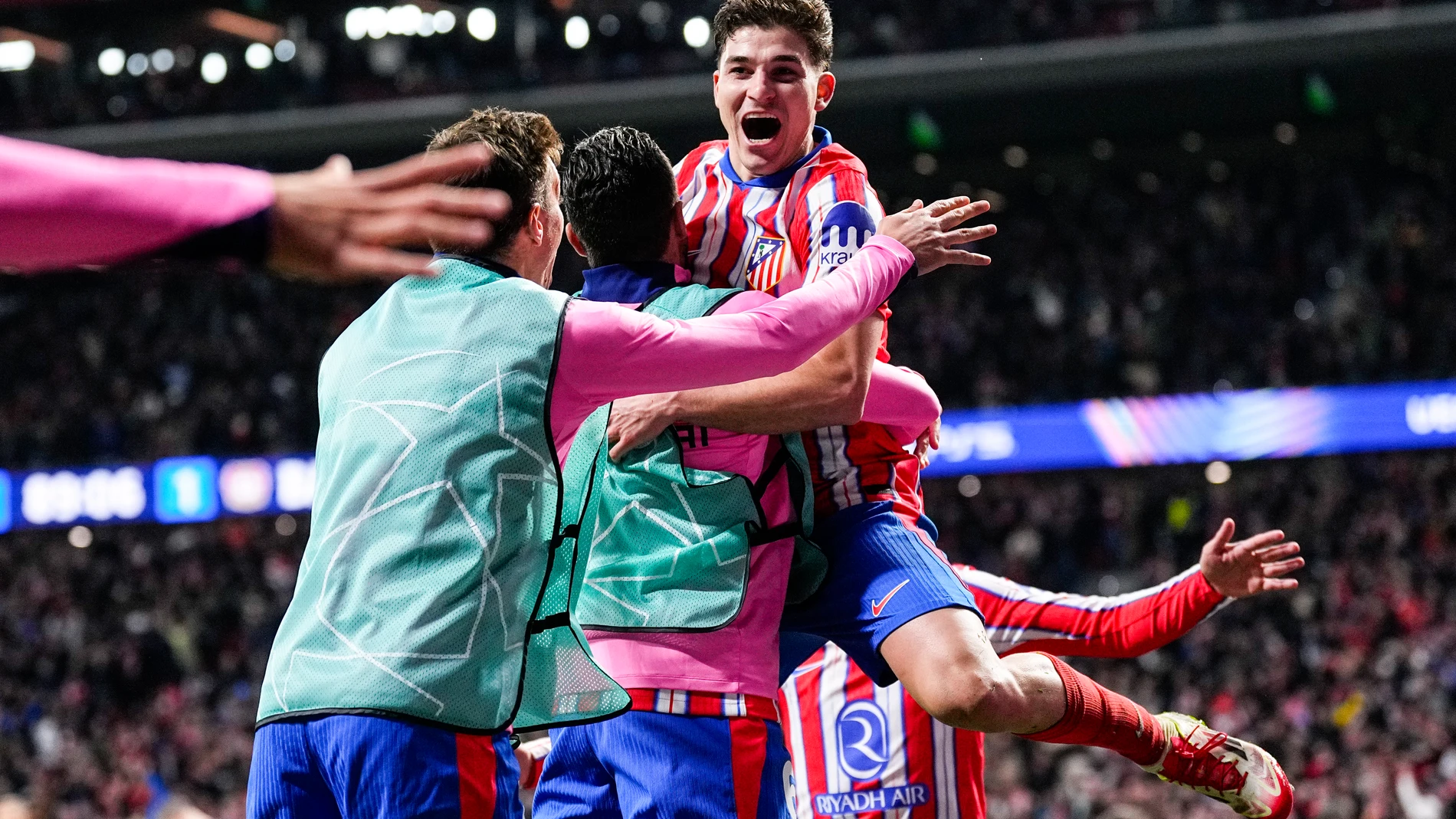 Julian Alvarez of Atletico de Madrid celebrates a goal during the UEFA Champions League 2024/25 League Phase MD7 match between Atletico de Madrid and Bayer 04 Leverkusen at Riyadh Air Metropolitano stadium on January 21, 2025, in Madrid, Spain.AFP7 22/01/2025 ONLY FOR USE IN SPAIN