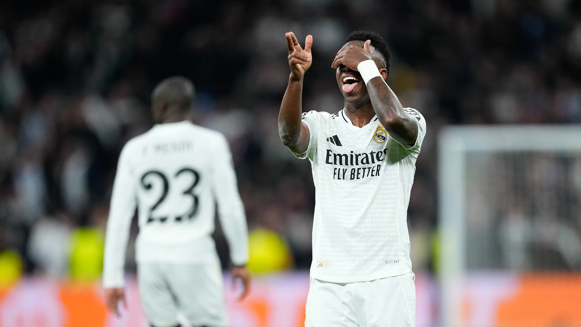 Vinicius Junior of Real Madrid celebrates a goal during the UEFA Champions League 2024/25 League Phase MD7 match between Real Madrid and RB Salzburg at Santiago Bernabeu stadium on January 22, 2025, in Madrid, Spain. AFP7 22/01/2025 ONLY FOR USE IN SPAIN