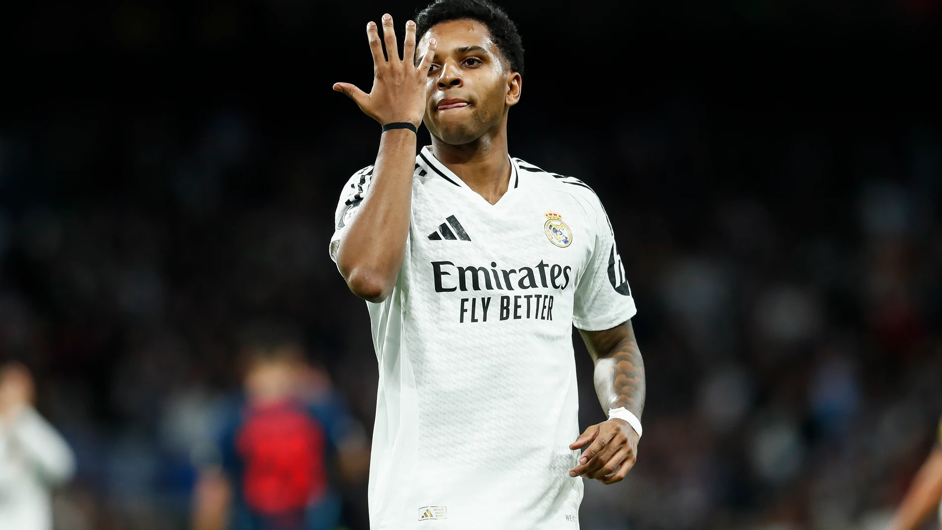 Rodrygo Goes of Real Madrid celebrates a goal during the UEFA Champions League 2024/25 League Phase MD7 match between Real Madrid and RB Salzburg at Santiago Bernabeu stadium on January 22, 2025, in Madrid, Spain. AFP7 22/01/2025 ONLY FOR USE IN SPAIN