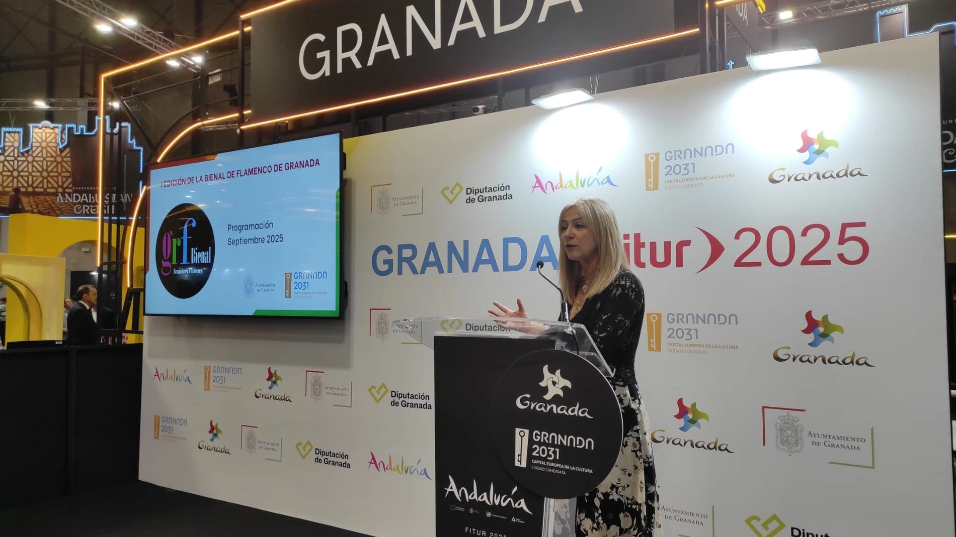 La consejera de Cultura y Deporte de la Junta de Andalucía, Patricia del Pozo, ha intervenido en la presentación de la Bienal de Flamenco de Granada en Fitur 2025