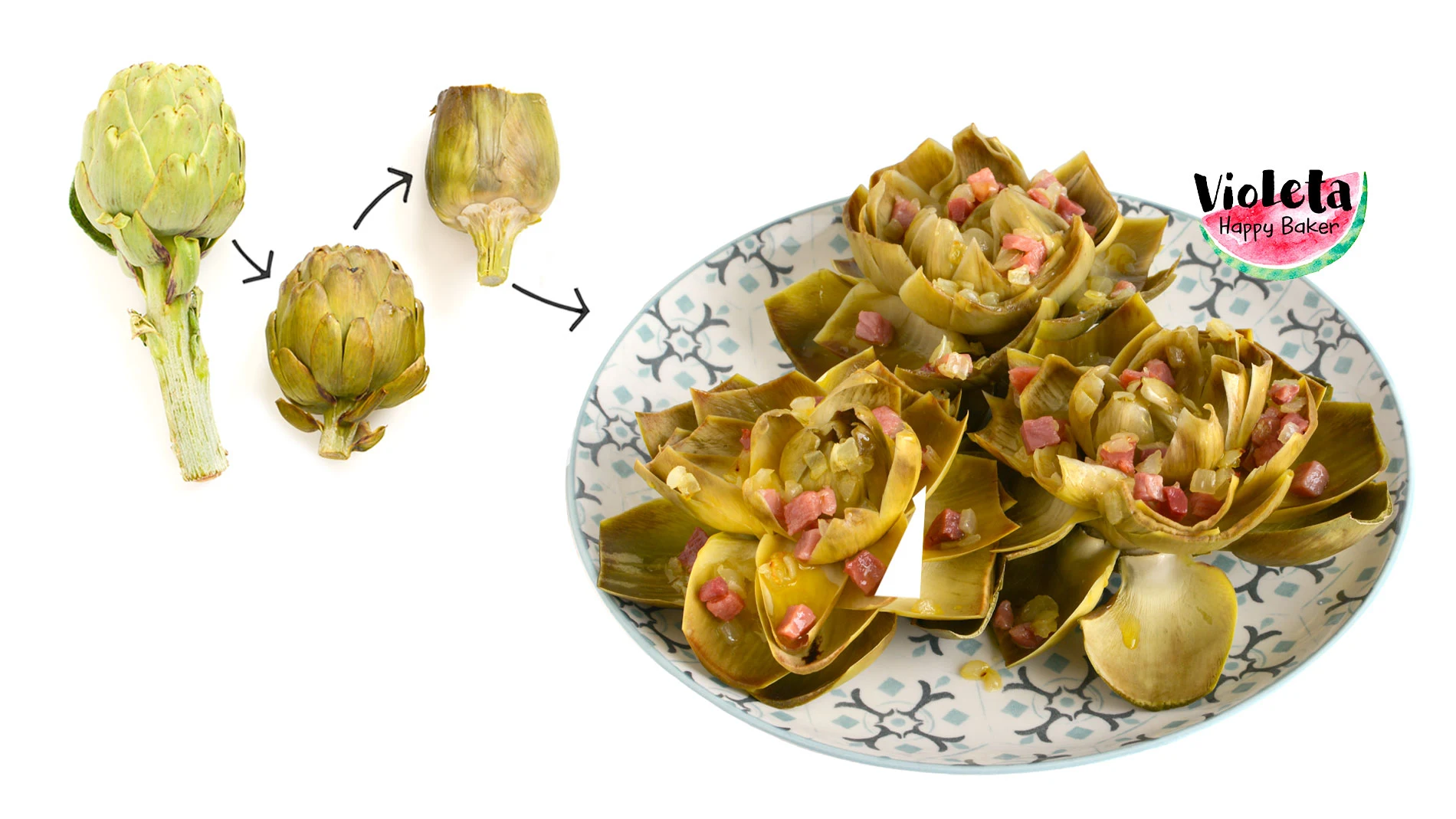 Plato con alcachofas cocinadas con jamón