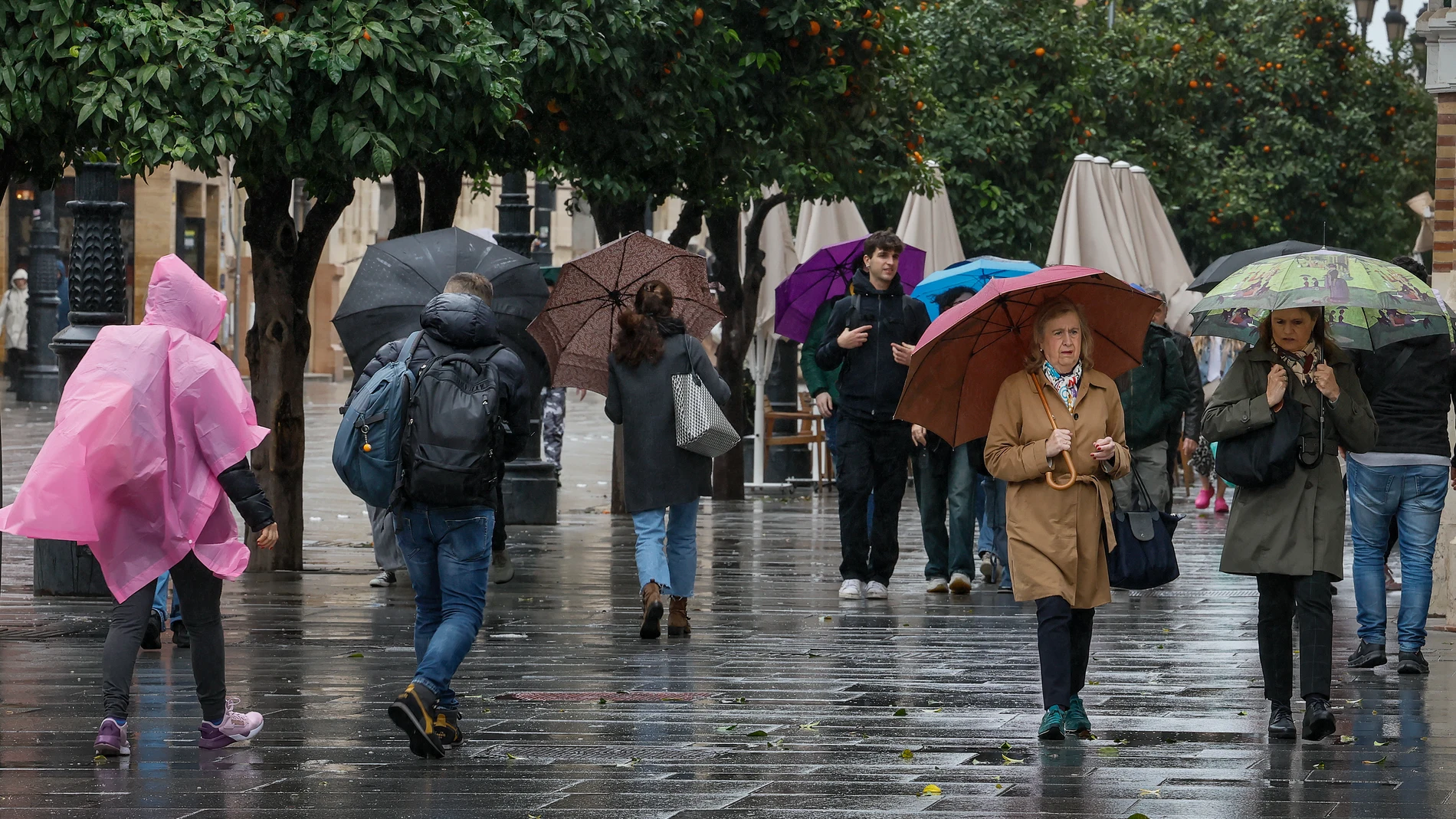 Personas con paraguas caminan por Sevilla por las lluvias