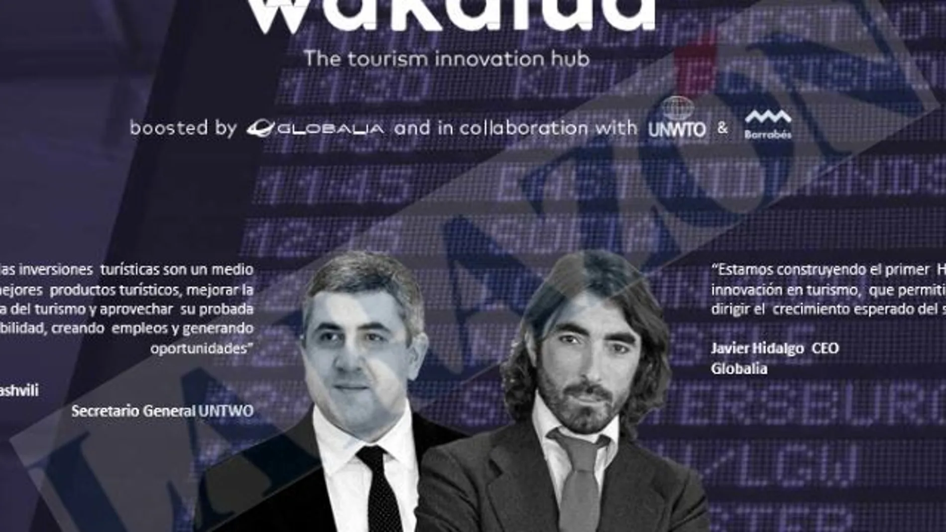 El presidente de la OMT, Zurab Pololikashvili, junto a Javier Hidalgo, exconsejero de Globalia, en una presentación de servicios de Wakalua