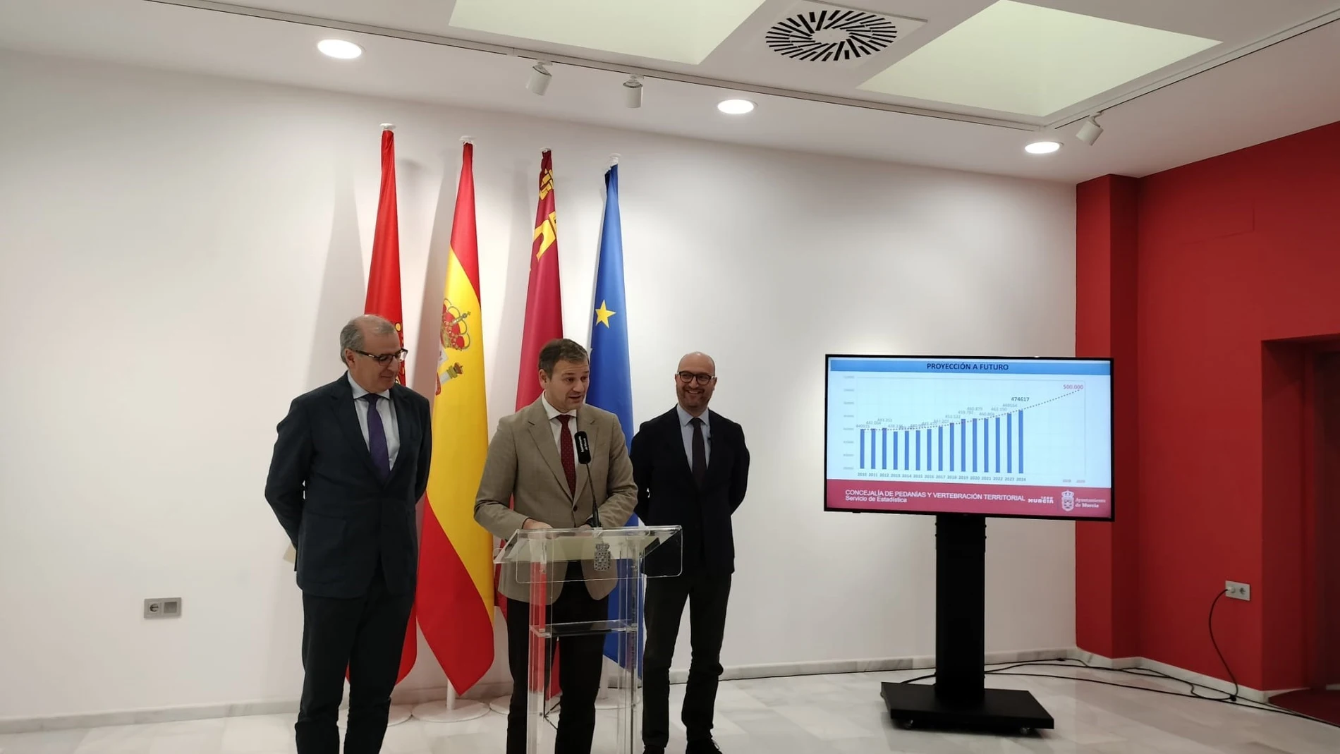 El el concejal de Pedanías y Vertebración Territorial, Marco Antonio Fernández, junto al edil de Movilidad, Gestión Económica y Contratación, José Francisco Muñoz, y el jefe del Servicio de Estadística, Roque Moya REMITIDA / HANDOUT por AYUNTAMIENTO DE MURCIA Fotografía remitida a medios de comunicación exclusivamente para ilustrar la noticia a la que hace referencia la imagen, y citando la procedencia de la imagen en la firma 28/01/2025