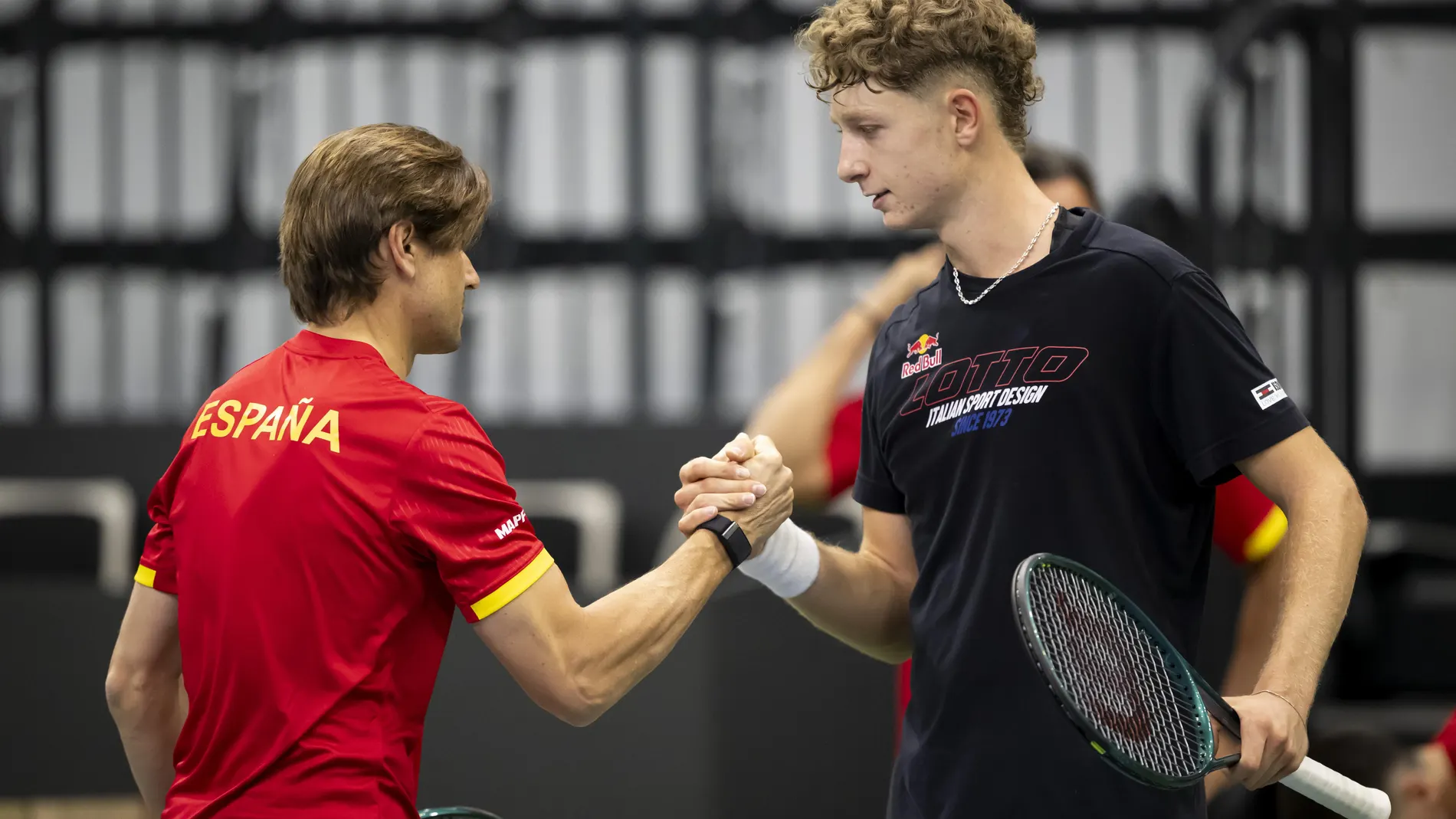 Biel (Switzerland Schweiz Suisse), 29/01/2025.- Spain's team Captain David Ferrer (L) and Martin Landaluce react during a training session of the Spanish Davis Cup team in the Swiss Tennis Arena in Biel, Switzerland, 29 January 2025. Switzerland will face Spain in the Davis Cup World group 1 tie. (Tenis, España, Suiza) EFE/EPA/ANTHONY ANEX