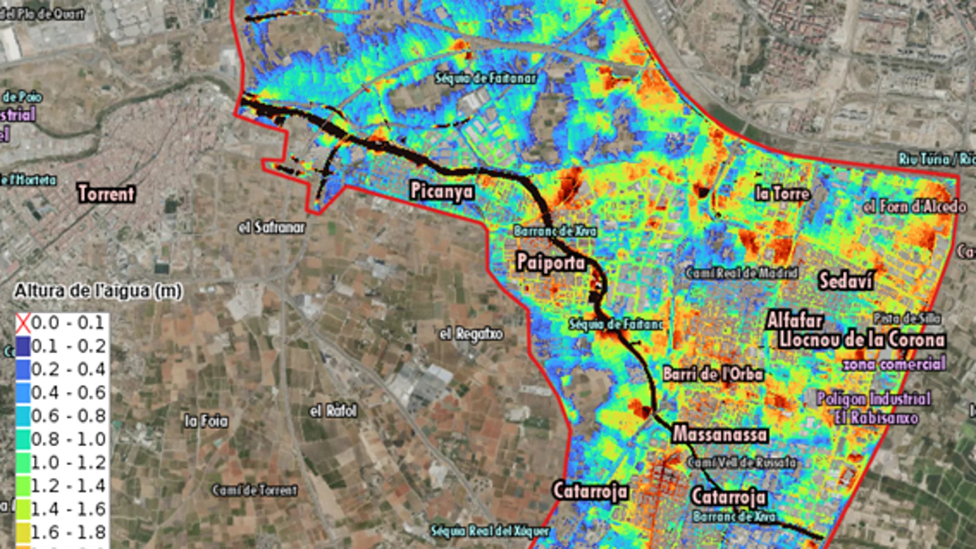 El mapa permite saber cómo se comportó el agua durante la riada calle a calle