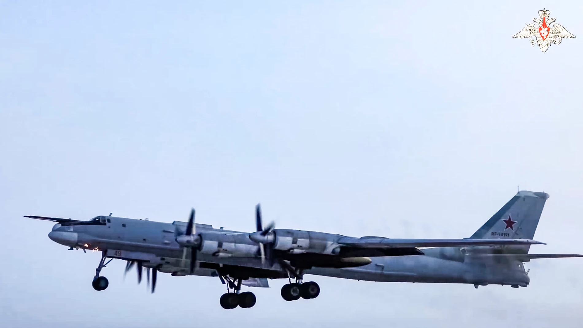 In this photo taken from video distributed by Russian Defense Ministry Press Service on Thursday, Jan. 30, 2025, a nuclear-capable Tu-95MS strategic bomber takes off for a training mission at an undisclosed location in Russia. (Russian Defense Ministry Press Service via AP)