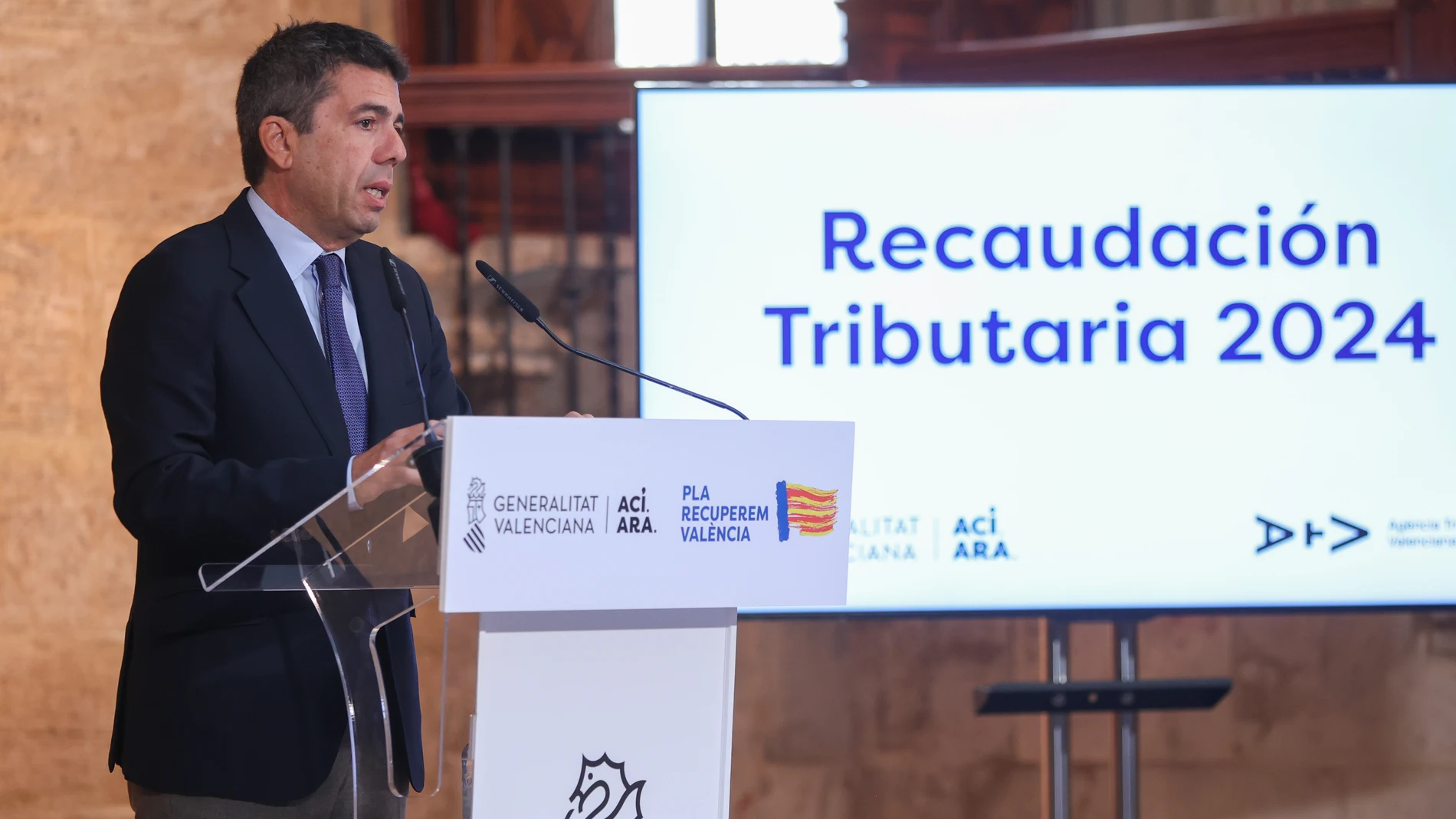 El presidente de la Generalitat, Carlos Mazón, durante la presentación de la recaudación tributaria