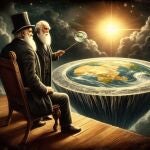 Charles Darwin observando un modelo de la Tierra plana.