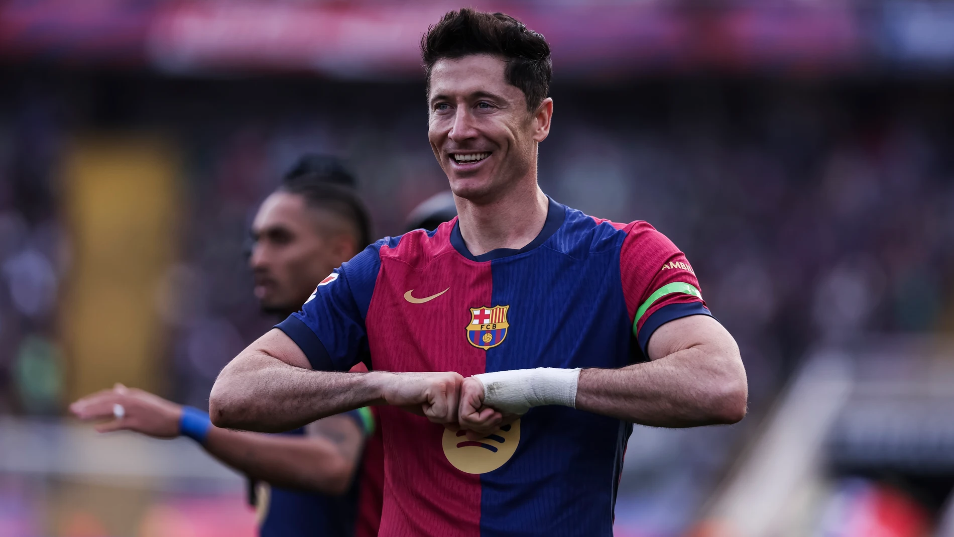 Robert Lewandowski of FC Barcelona celebrates a goal during the Spanish league, La Liga EA Sports, football match played between FC Barcelona and Deportivo Alaves at Estadio Olimpico de Montjuic on February 02, 2025 in Barcelona, Spain. AFP7 02/02/2025 ONLY FOR USE IN SPAIN