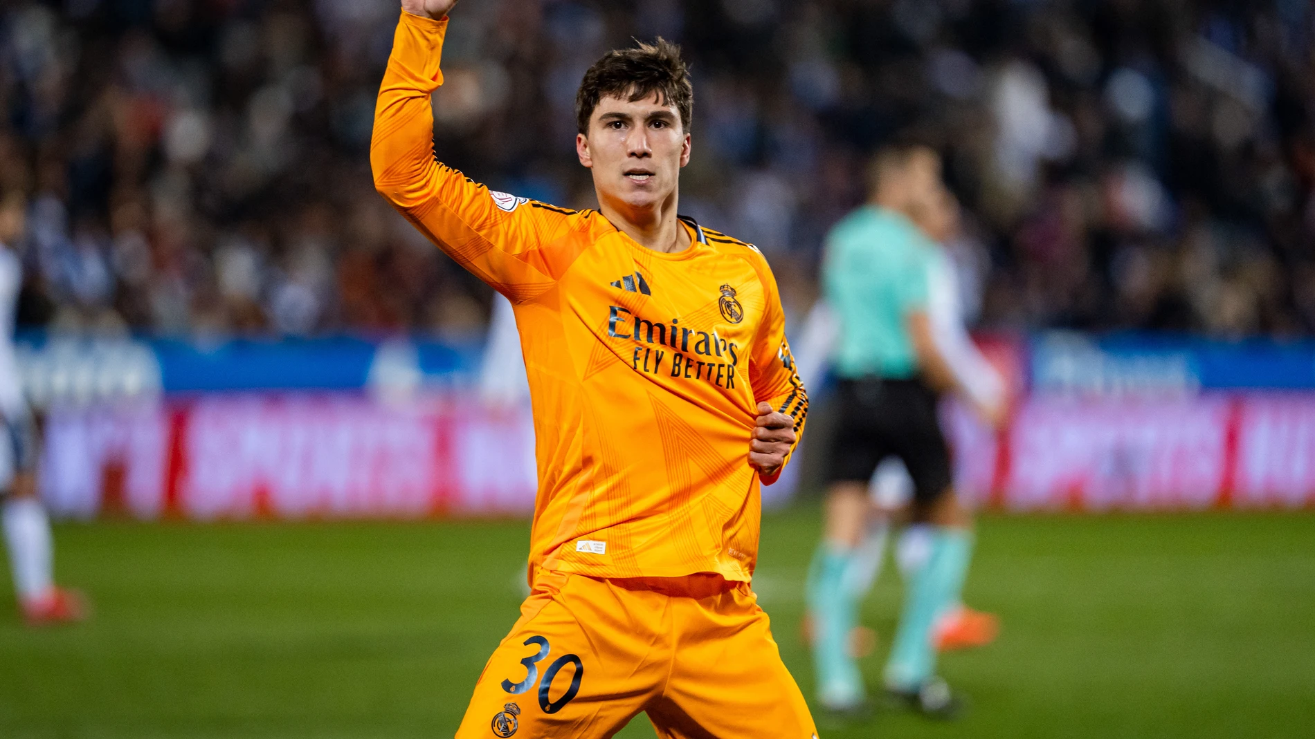 05 February 2025, Spain, Leganes: Real Madrid's Gonzalo Garcia celebrates scoring his side's third goal during the Spanish Copa del Rey quarter final soccer match between CD Leganes and Real Madrid CF at Estadio Municipal de Butarque. Photo: Alberto Gardin/ZUMA Press Wire/dpa Alberto Gardin/ZUMA Press Wire/d / DPA 05/02/2025 ONLY FOR USE IN SPAIN