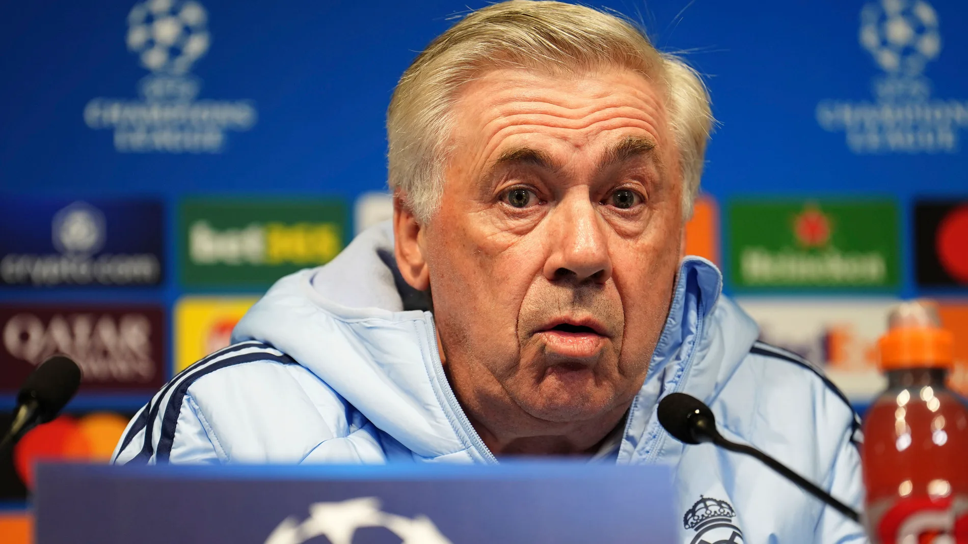 Real Madrid's head coach Carlo Ancelotti speaks during a press conference in Manchester, England, Monday, Feb. 10, 2025, ahead of the Champions League soccer match between Manchester City and Real Madrid. (Martin Rickett/PA via AP)