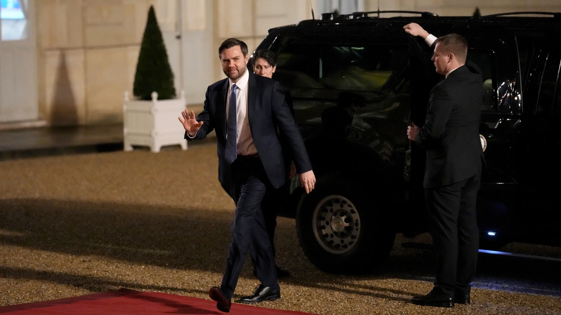 United States Vice-President JD Vance arrives for a dinner at the Elysee Palace, during an event on the sidelines of the Artificial Intelligence Action Summit in Paris, Monday, Feb. 10, 2025. (AP Photo/Aurelien Morissard)