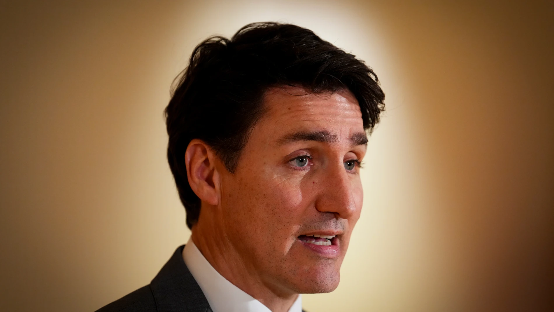 Canada Prime Minister Justin Trudeau holds a press conference at the Canadian embassy in Brussels, Belgium, Wednesday, Feb. 12, 2025. (Sean Kilpatrick/The Canadian Press via AP)
