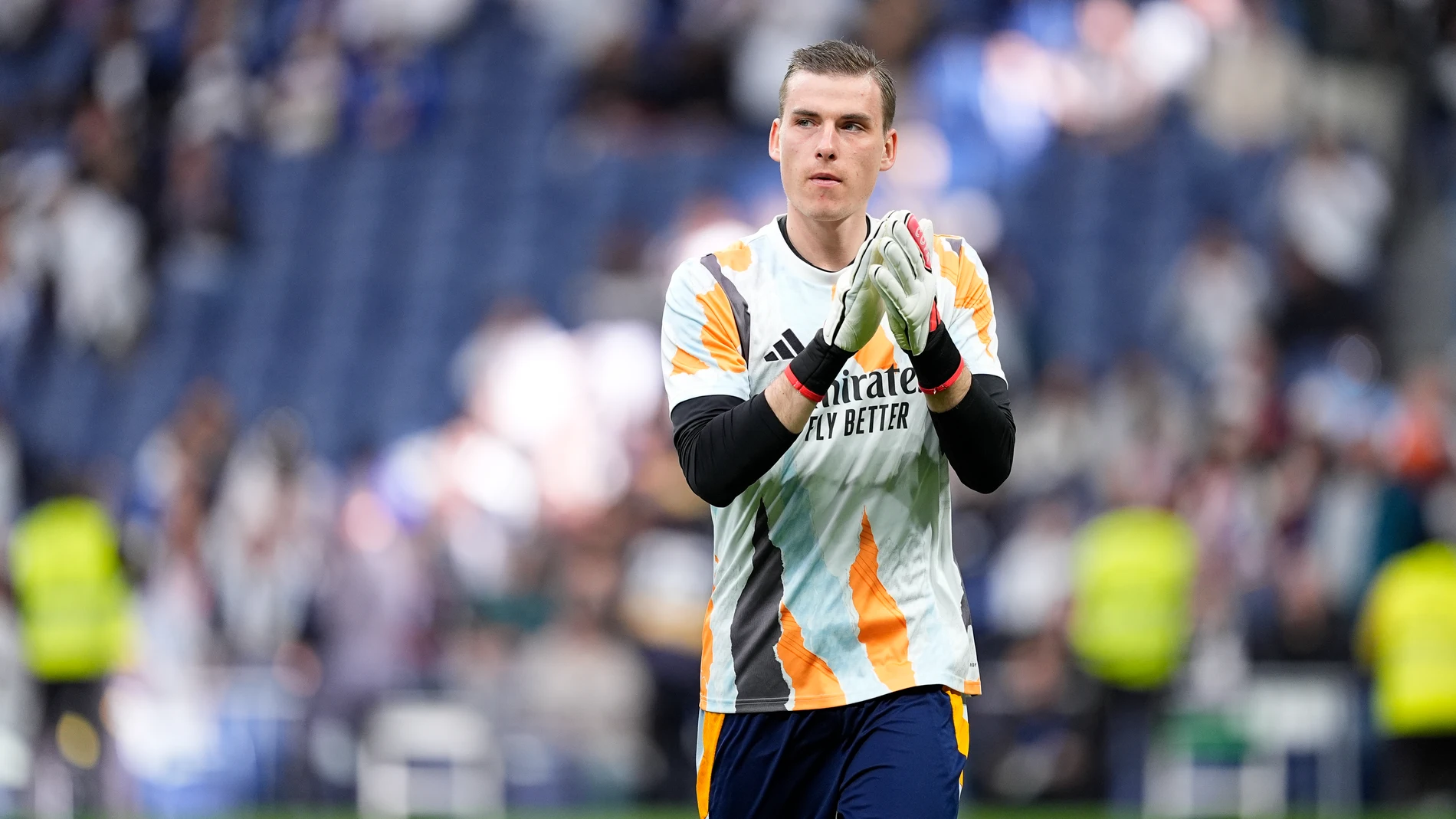 Andriy Lunin of Real Madrid warms up during the Spanish League, LaLiga EA Sports, football match played between Real Madrid and Girona FC at Santiago Bernabeu stadium on February 23, 2025, in Madrid, Spain. AFP7 23/02/2025 ONLY FOR USE IN SPAIN
