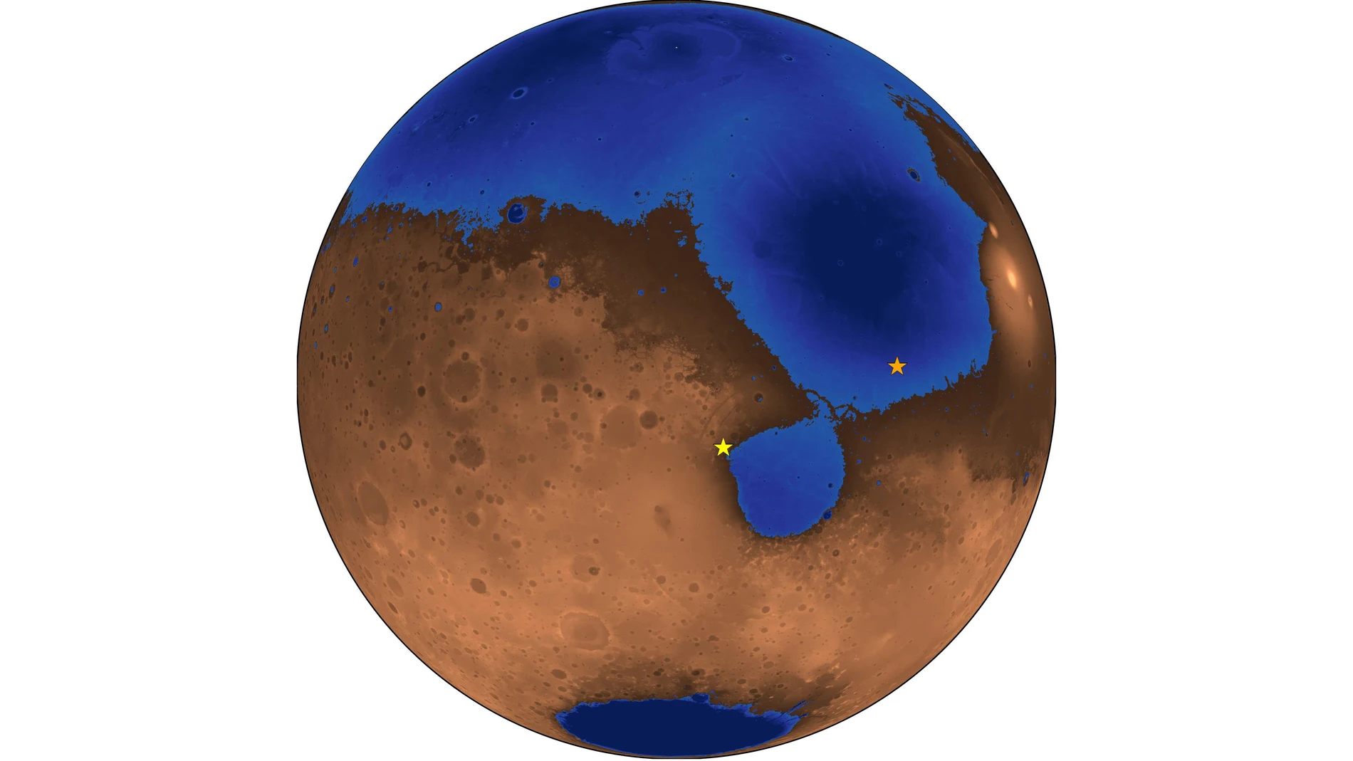 Una imagen hipotética de Marte hace 3.600 millones de años, cuando un océano pudo haber cubierto casi la mitad del planeta. Las áreas azules muestran la profundidad del océano lleno hasta el nivel de la costa de un antiguo mar, ahora desaparecido, denominado Deuteronilus. La estrella naranja representa el sitio de aterrizaje del rover chino Zhurong. La estrella amarilla indica el sitio del rover Perseverance de la NASA, que aterrizó unos meses antes que Zhurong.