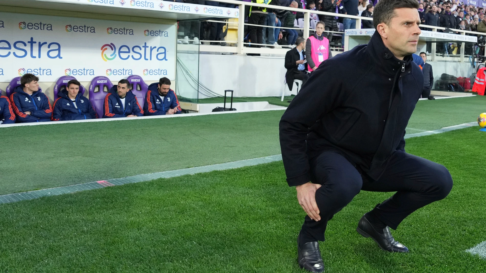 Juventus' head coach Thiago Motta watches the Serie A soccer match between Fiorentina and Juventus at Florence's Artemio Franchi stadium, Italy, Sunday March 16, 2025. (Alfredo Falcone/LaPresse via AP)