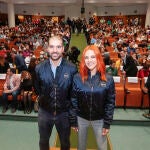 Los astronautas leoneses Sara García y Pablo Álvarez durante un acto en la ULE