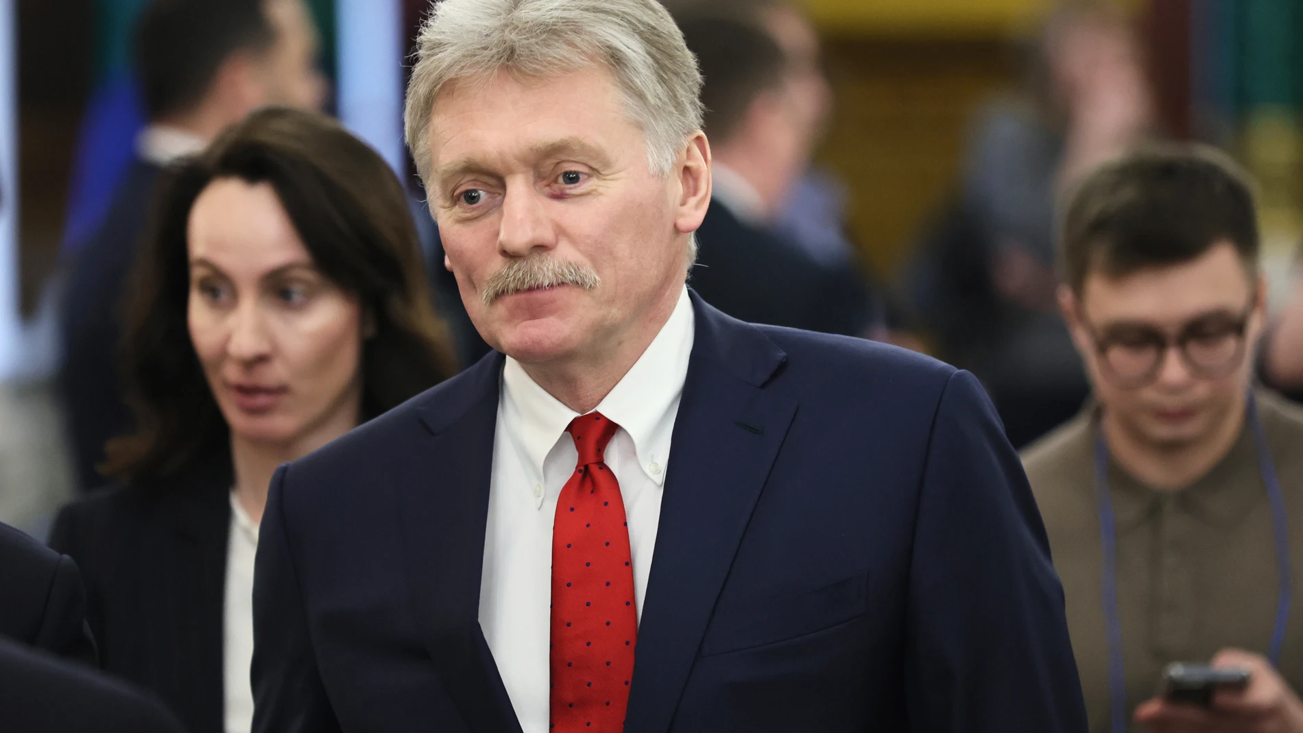 Kremlin spokesman Dmitry Peskov attends a press conference following the meeting of Russian President Vladimir Putin and Tajik President Emomali Rahmon at the Kremlin in Moscow, Russia, Monday, March 17, 2025. (Yury Kochetkov/Pool Photo via AP)