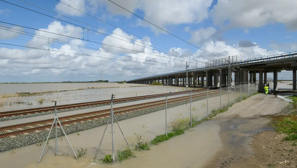Punto en que la AP-4 se cruza con la línea ferroviaria Madrid-Cádiz y que está dentro del tramo que esta vía tiene cerrado al tráfico a causa de las inundaciones.