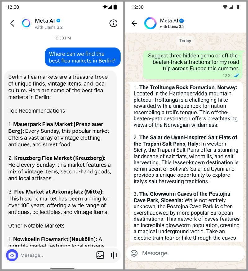 El chatbot de Meta AI en Instagram (izquierda) y WhatsApp (derecha)