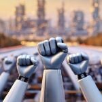  142 / 5.000 Una escena de manos robóticas alzadas en unidad en un entorno urbano futurista que simboliza la solidaridad y el avance tecnológico. 