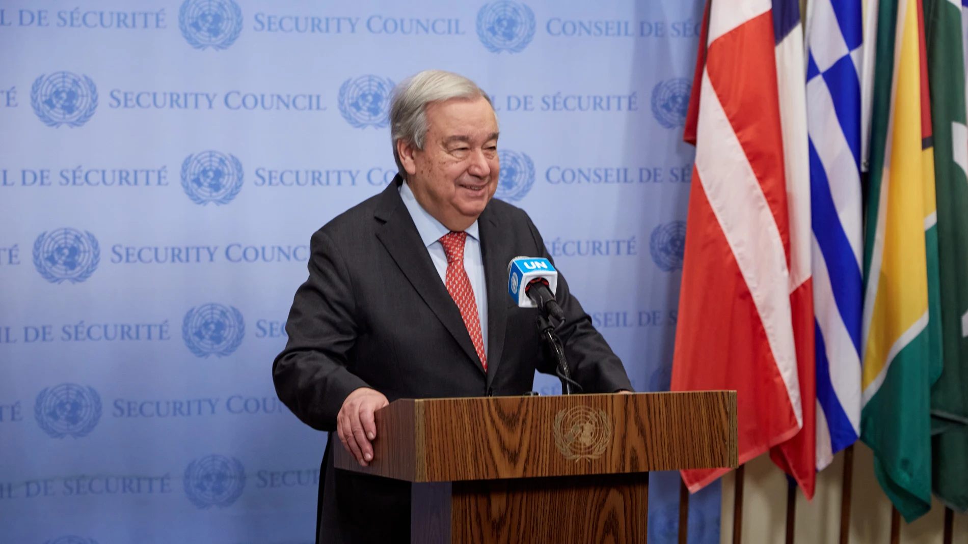 March 12, 2025, New York, New York, USA: UN Secretary-General António Guterres addresses the press outside the Security Council Chambers, discussing the UN80 Initiative, international trade, and the ongoing situation in Ukraine. Europa Press/Contacto/Mark J. Sullivan 12/03/2025 ONLY FOR USE IN SPAIN
