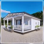 Así es el exterior de esta casa prefabricada, con porche incluido