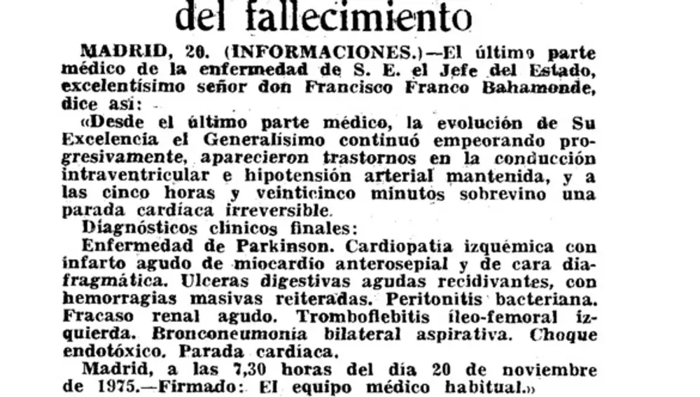 El parte médico del fallecimiento de Franco