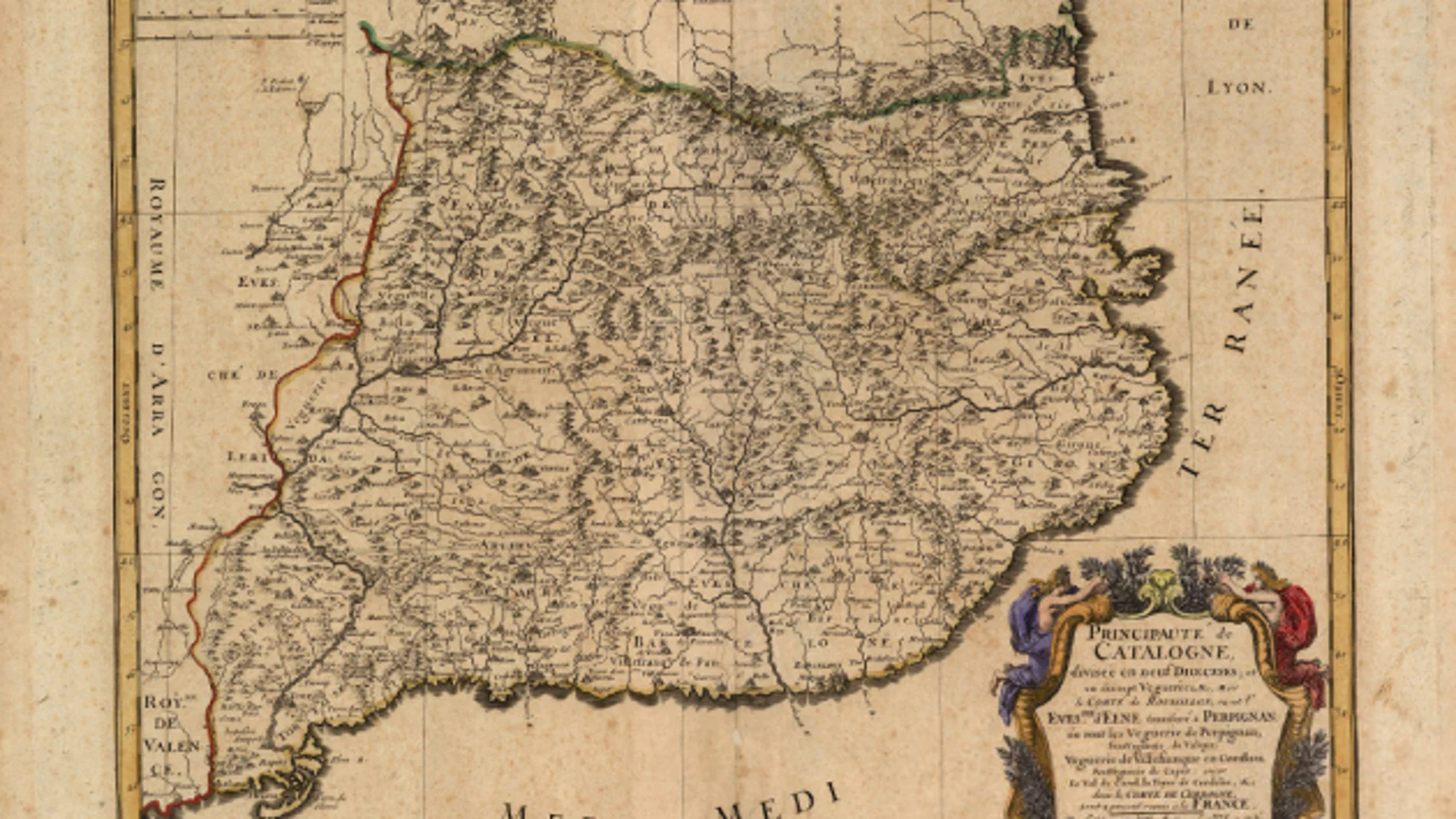 Mapa de Catalunya (1660) con los límites de la frontera en 1659