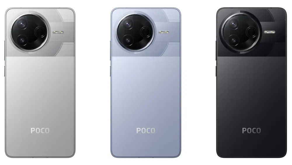 El POCO F7 Pro en sus tres colores disponibles: plata, azul claro y negro