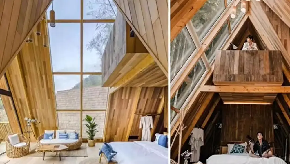 Los luminosos ventanales y las dos habitaciones, todo en madera