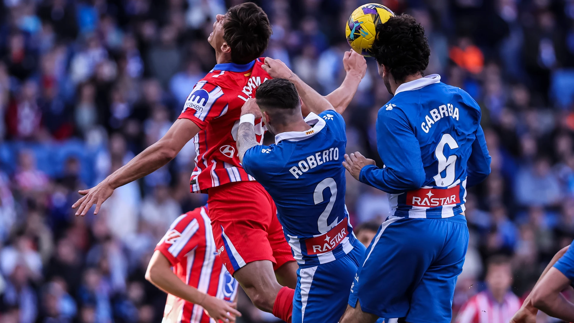 Leandro Cabrera and Roberto Fernandez of RCD Espanyol and Robin Le Normand of Atletico de Madrid compete for the ball during the Spanish league, La Liga EA Sports, football match played between RCD Espanyol and Atletico de Madrid at RCDE Stadium on March 29, 2025 in Cornella, Barcelona, Spain. AFP7 29/03/2025 ONLY FOR USE IN SPAIN