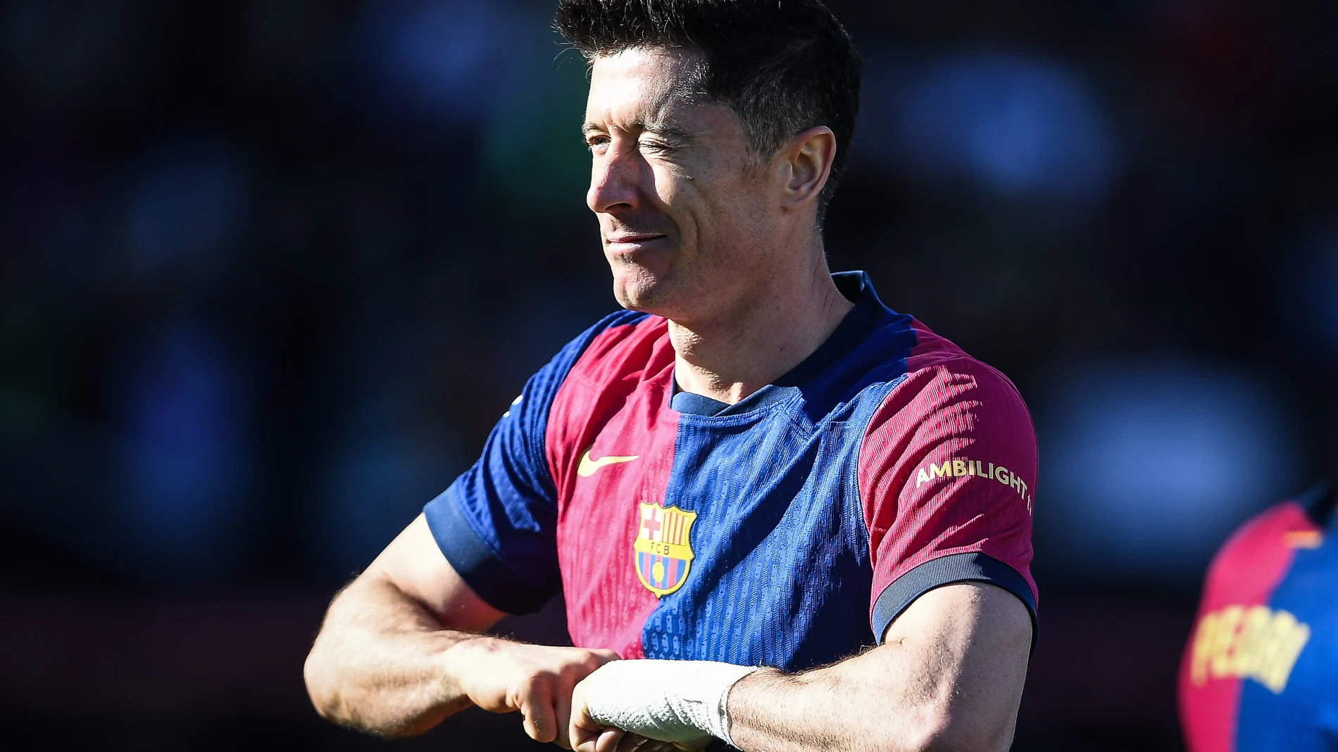 30 March 2025, Spain, Barcelona: Barcelona's Robert Lewandowski celebrates scoring a goal during the Spanish Primera Division soccer match between FC Barcelona and Girona FC at Estadi Olimpic Lluis Companys. Photo: Matthieu Mirville/ZUMA Press Wire/dpa Matthieu Mirville/ZUMA Press Wir / DPA 30/03/2025 ONLY FOR USE IN SPAIN
