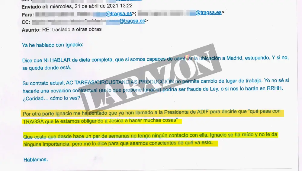 "Estamos obligando a Jesica": el correo que implica a la cúpula de Adif en el contrato a la expareja de Ábalos